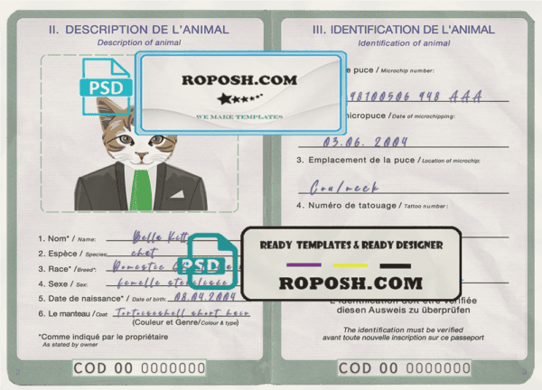 Democratic Republic of the Congo cat (animal, pet) passport PSD template, fully editable