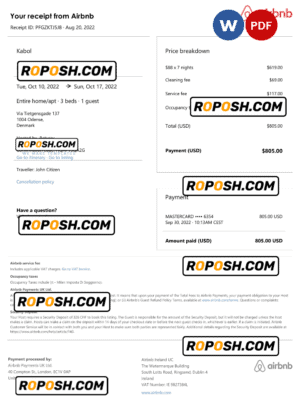 Denmark Airbnb booking confirmation Word and PDF template