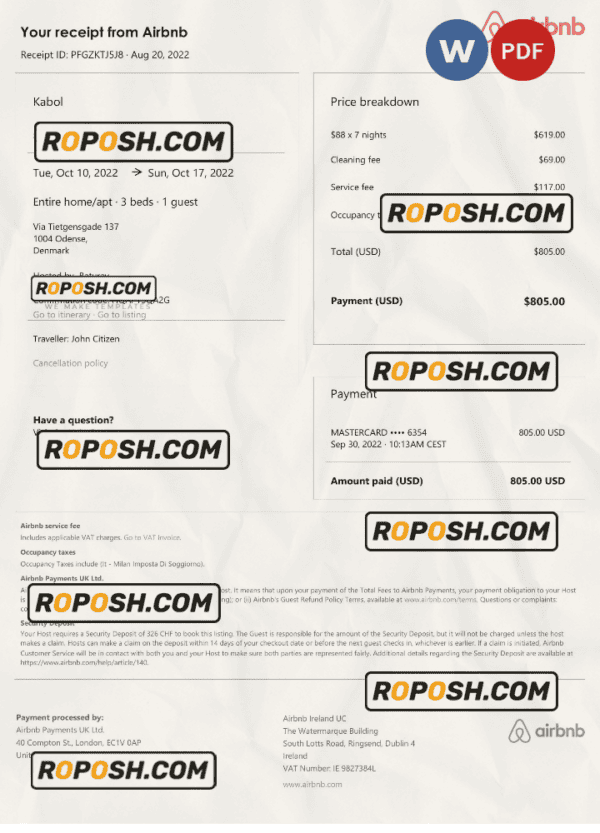 Denmark Airbnb booking confirmation Word and PDF template