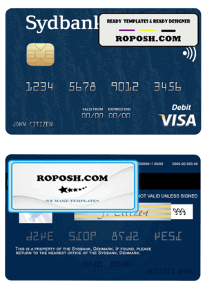 Denmark Sydbank visa debit card template in PSD format