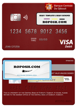 Djibouti Central Bank of Djibouti visa debit card template in PSD format