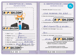 Djibouti dog (animal, pet) passport PSD template, completely editable