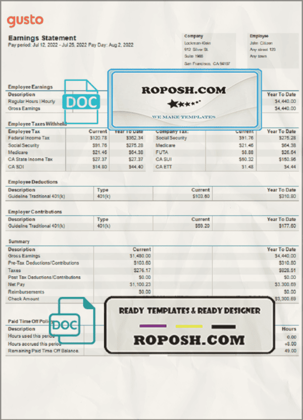 USA California business providing company earnings statement template in Word and PDF format