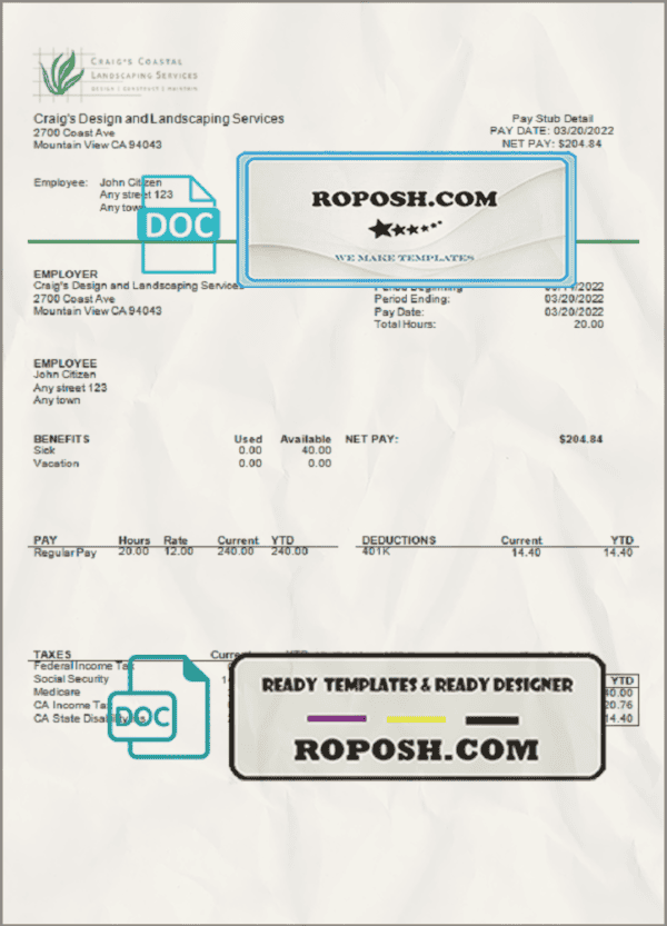 USA California design & landscaping services company pay stub template in Word and PDF format