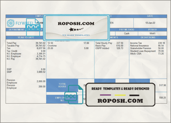 United Kingdom flywheel & driftwood company employee sheet template in Word and PDF format
