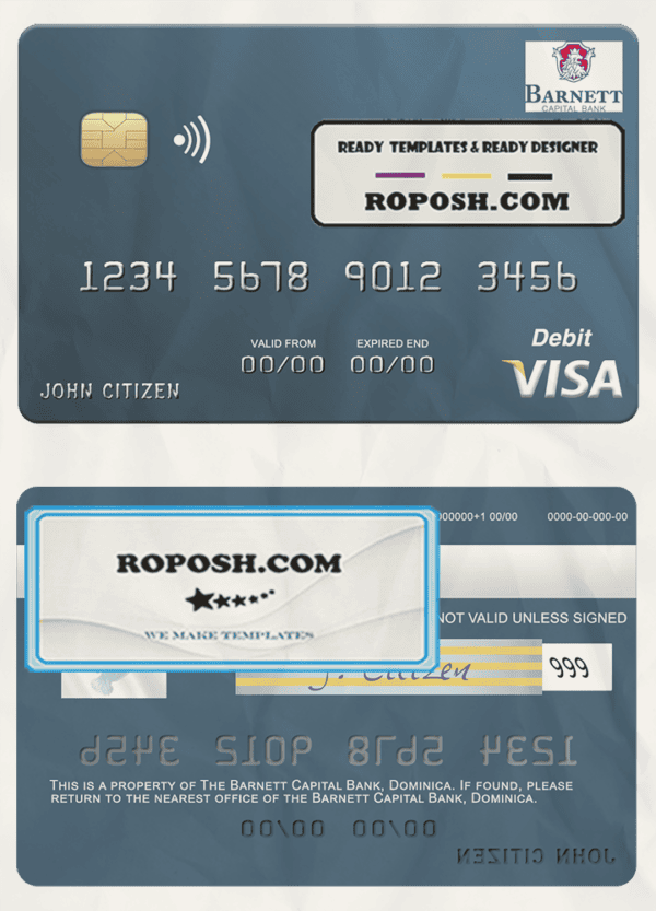 Dominica Barnett Capital Bank visa debit card template in PSD format