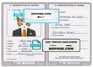 Dominica cat (animal, pet) passport PSD template, completely editable