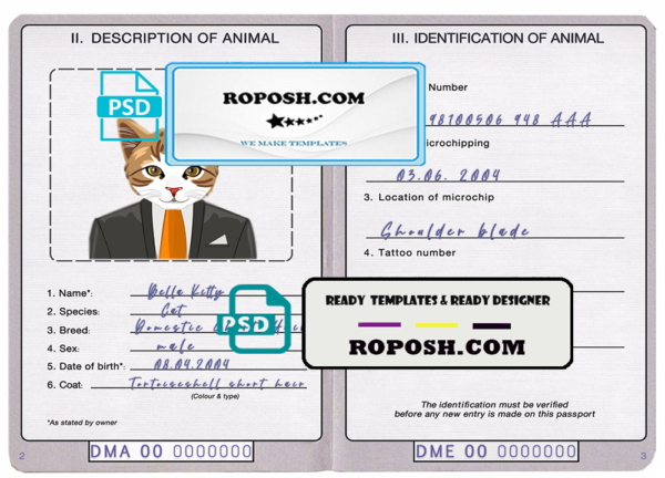 Dominica cat (animal, pet) passport PSD template, completely editable