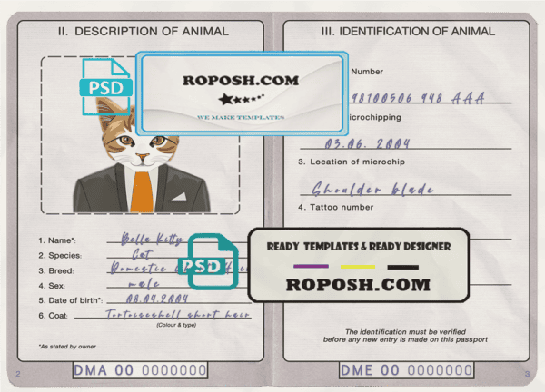 Dominica cat (animal, pet) passport PSD template, completely editable