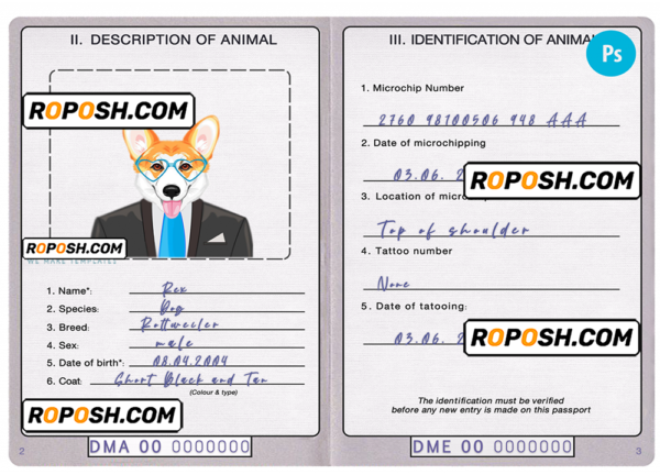 Dominica dog (animal, pet) passport PSD template, fully editable