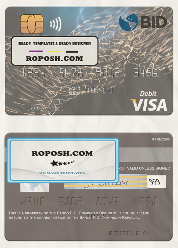 Dominican Republic Banco BID visa debit card template in PSD format scan effect