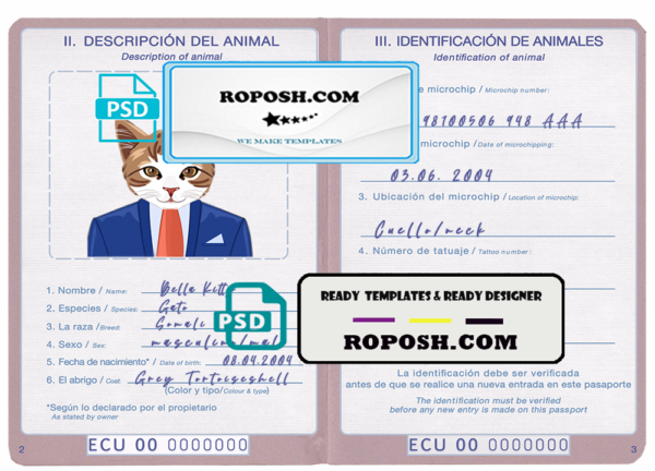 Dominican Republic cat (animal, pet) passport PSD template, fully editable