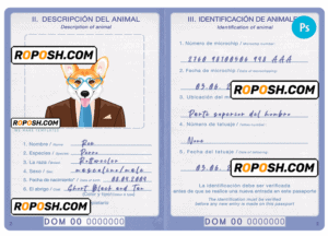 Dominican Republic dog (animal, pet) passport PSD template, fully editable