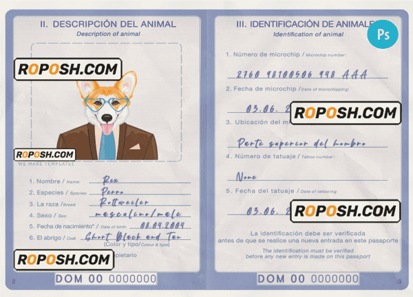 Dominican Republic dog (animal, pet) passport PSD template, fully editable