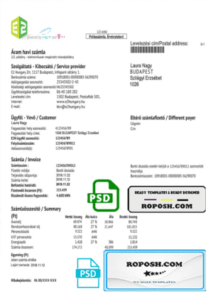 Hungary E2 utility bill template, fully editable in PSD format