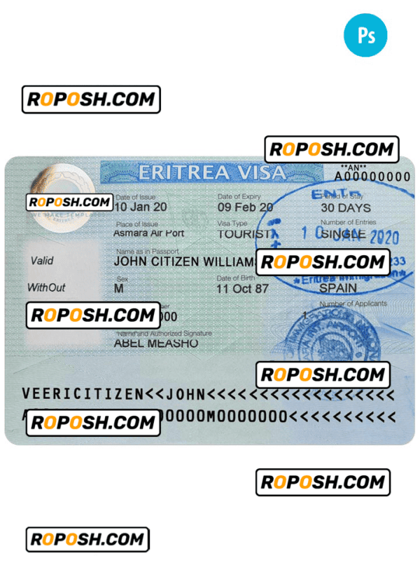ERITREA entry visa PSD template, with fonts