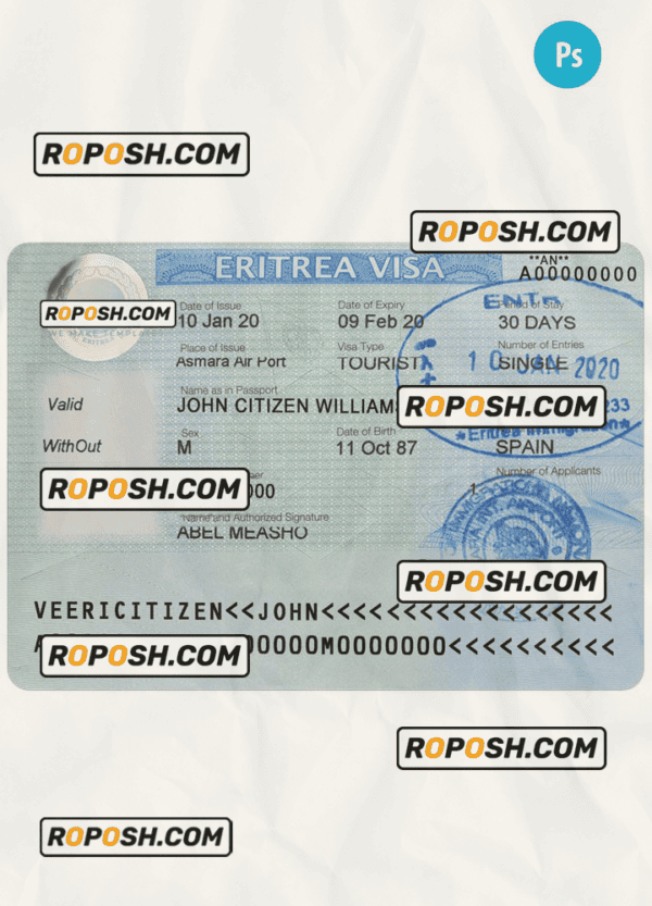 ERITREA entry visa PSD template, with fonts