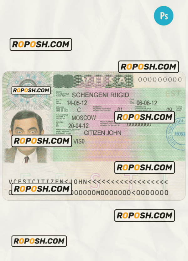 ESTONIA schengen visa PSD template, with fonts