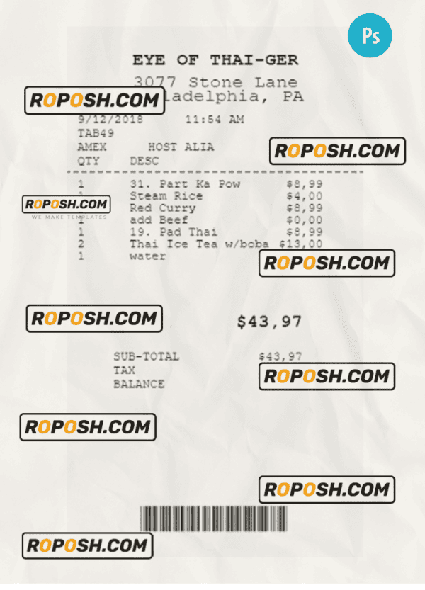 EYE OF THAI-GER payment receipt version 2 PSD template