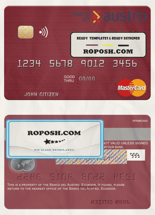 Ecuador Banco del Austro mastercard template in PSD format