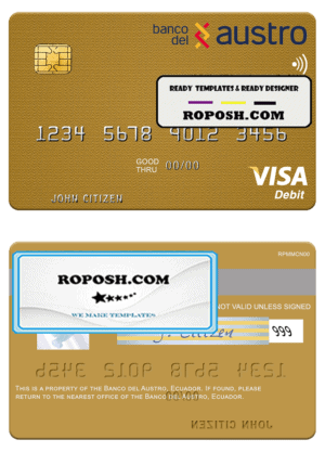 Ecuador Banco del Austro visa debit card mastercard template in PSD format