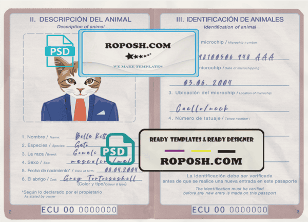 Ecuador cat (animal, pet) passport PSD template, completely editable