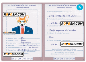 Ecuador dog (animal, pet) passport PSD template, fully editable