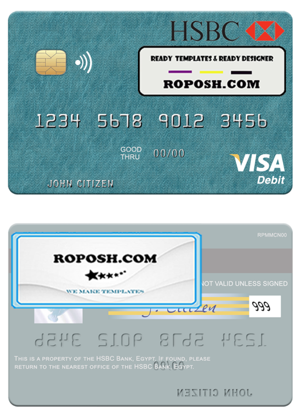 Egypt HSBC Bank visa debit card template in PSD format