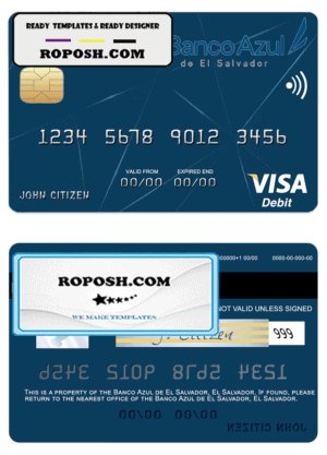 El Salvador Banco Azul de El Salvador visa debit card template in PSD format