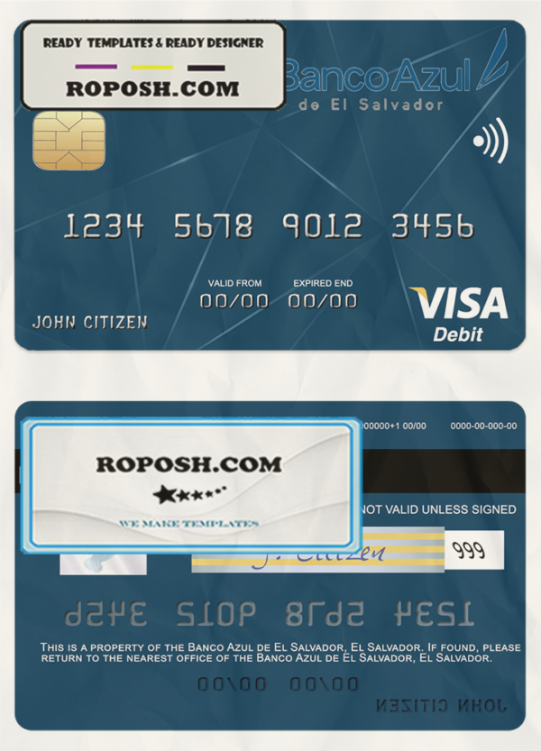 El Salvador Banco Azul de El Salvador visa debit card template in PSD format scan effect