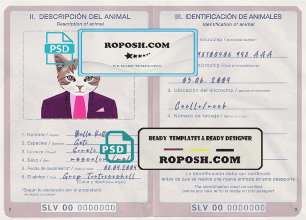 El Salvador cat (animal, pet) passport PSD template, fully editable