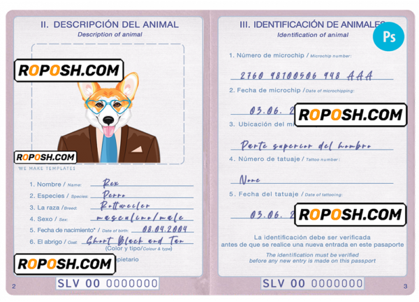 El Salvador dog (animal, pet) passport PSD template, fully editable