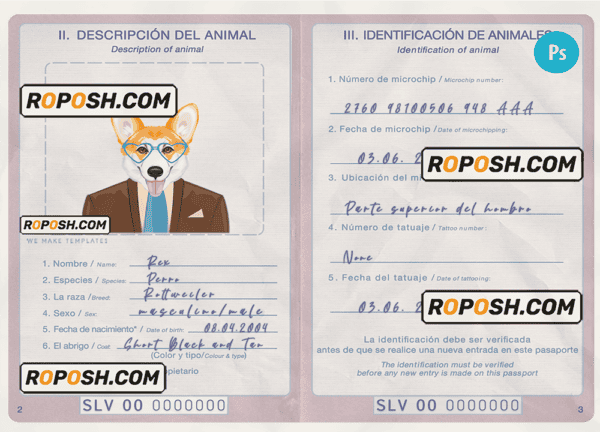 El Salvador dog (animal, pet) passport PSD template, fully editable