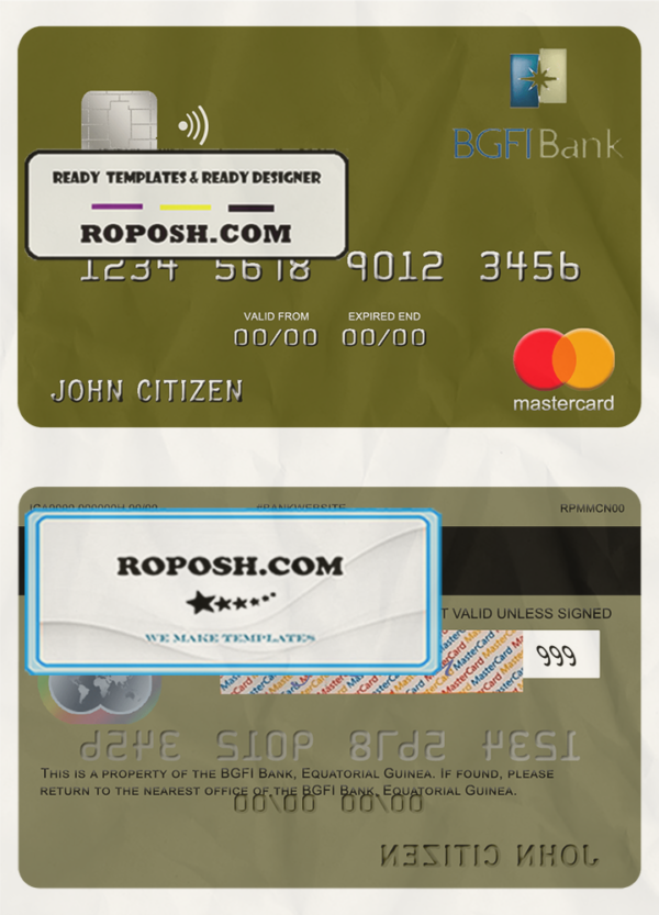 Equatorial Guinea BGFI Bank mastercard credit card template in PSD format scan effect
