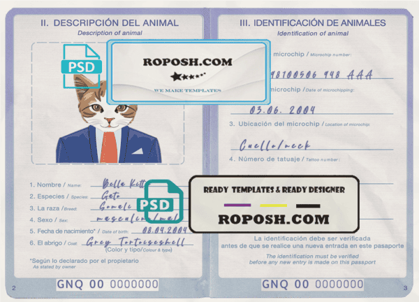 Equatorial Guinea cat (animal, pet) passport PSD template, fully editable
