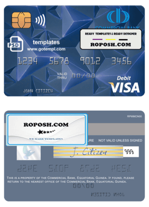 Equatorial Guinea Commerical bank Guinee Equatoriale visa debit card template in PSD format