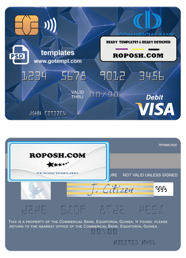 Equatorial Guinea Commerical bank Guinee Equatoriale visa debit card template in PSD format