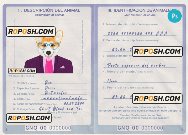 Equatorial Guinea dog (animal, pet) passport PSD template, fully editable