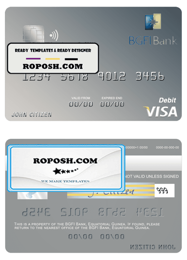 Equatorial Guinea BGFI Bank visa debit card template in PSD format
