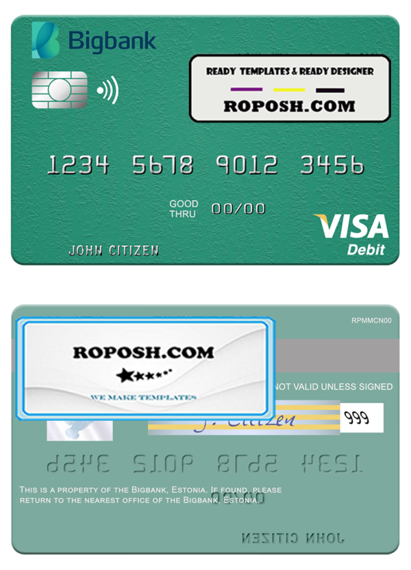 Estonia Bigbank visa debit card template in PSD format