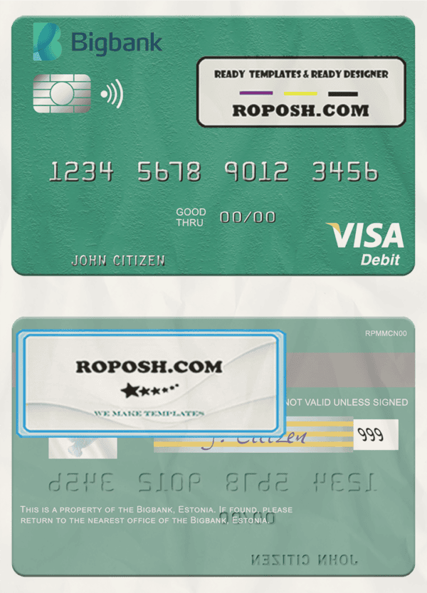Estonia Bigbank visa debit card template in PSD format