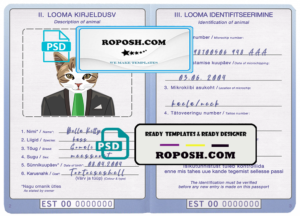 Estonia cat (animal, pet) passport PSD template, fully editable