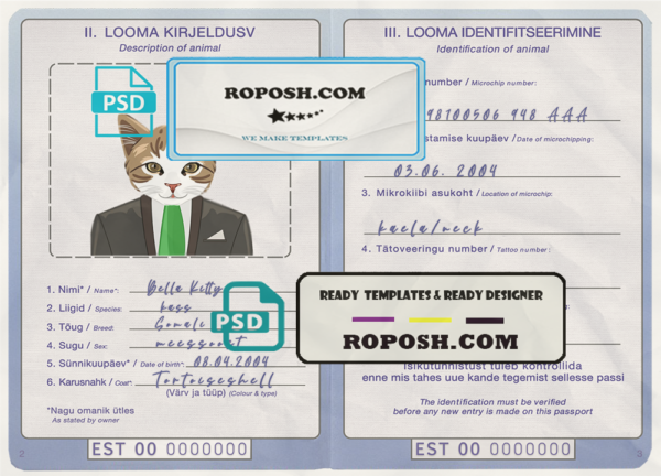 Estonia cat (animal, pet) passport PSD template, fully editable scan effect
