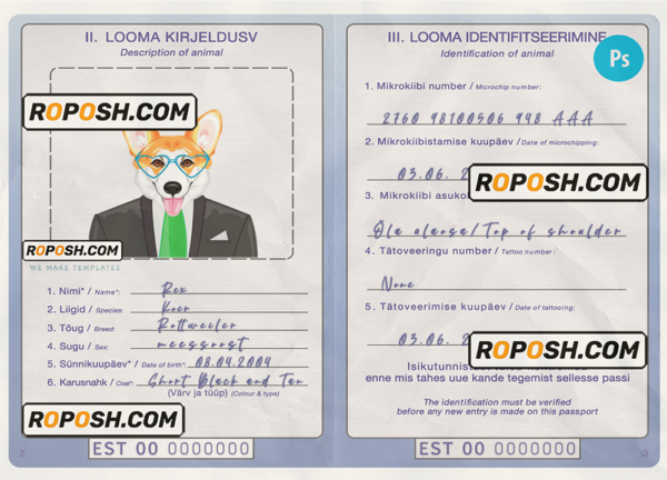 Estonia dog (animal, pet) passport PSD template, fully editable scan effect