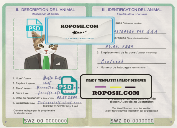 Eswatini (Swaziland) cat (animal, pet) passport PSD template, completely editable scan effect
