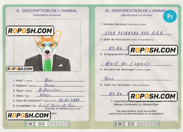 Eswatini (Swaziland) dog (animal, pet) passport PSD template, fully editable scan effect
