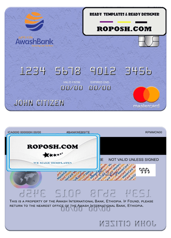 Ethiopia Awash International Bank mastercard credit card template in PSD format