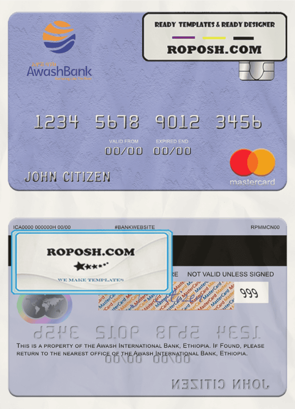 Ethiopia Awash International Bank mastercard credit card template in PSD format