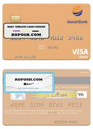 Ethiopia Awash International Bank visa debit card template in PSD format