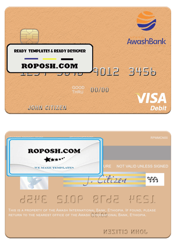 Ethiopia Awash International Bank visa debit card template in PSD format